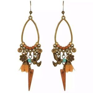 Bohemian Teardrop Dangle Earrings Neutral Boho Bird Floral